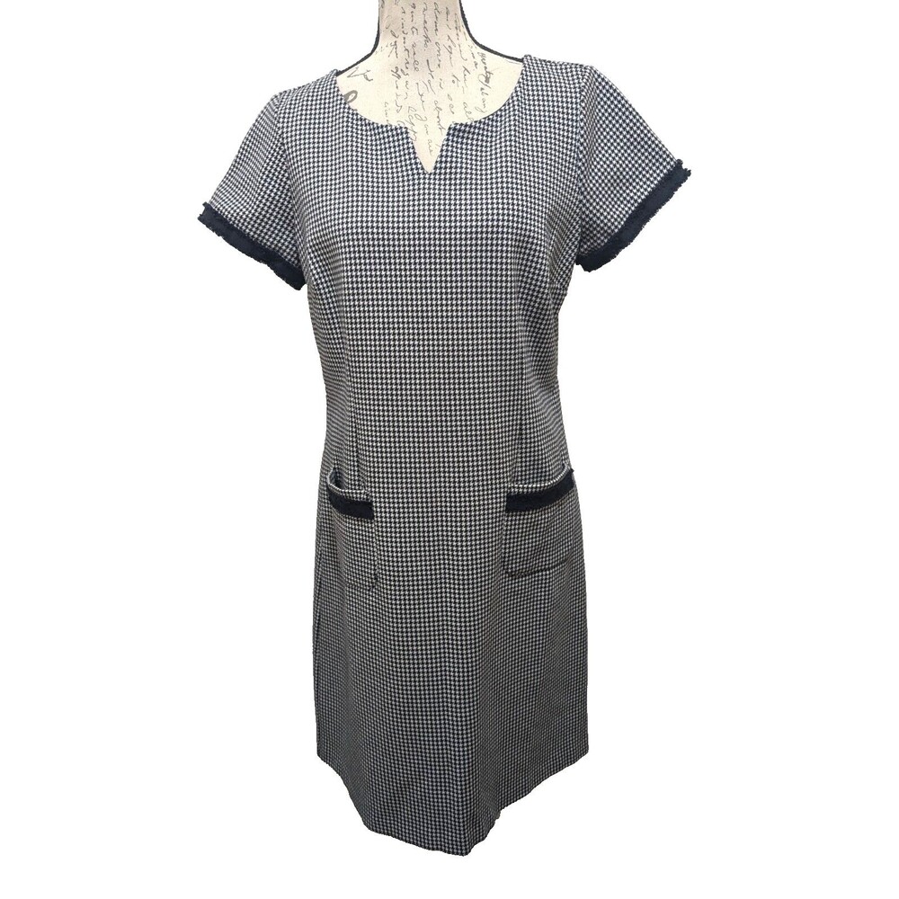 Talbots Dress Sz 12 Midi Sheath Navy White Houndstooth Business Party Nice